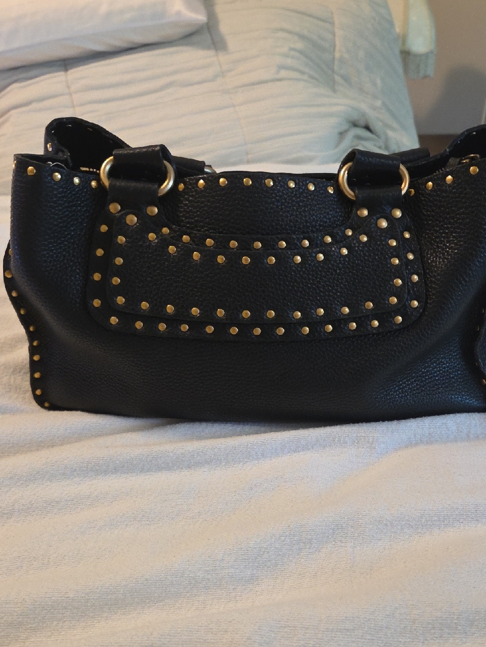 Celine Black Pebbled Leather Shoulder Bag with Gold Studs